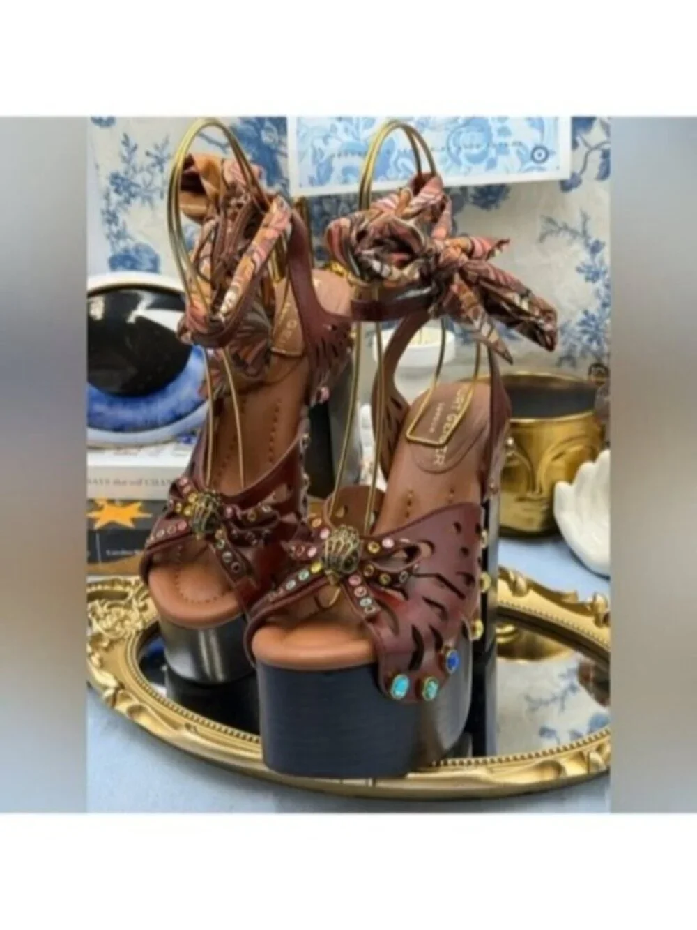 🆕 KURT GEIGER LONDON 🧿 NWOB Butterfly Platform Ankle Strap Sandal, Sz 37 US 7